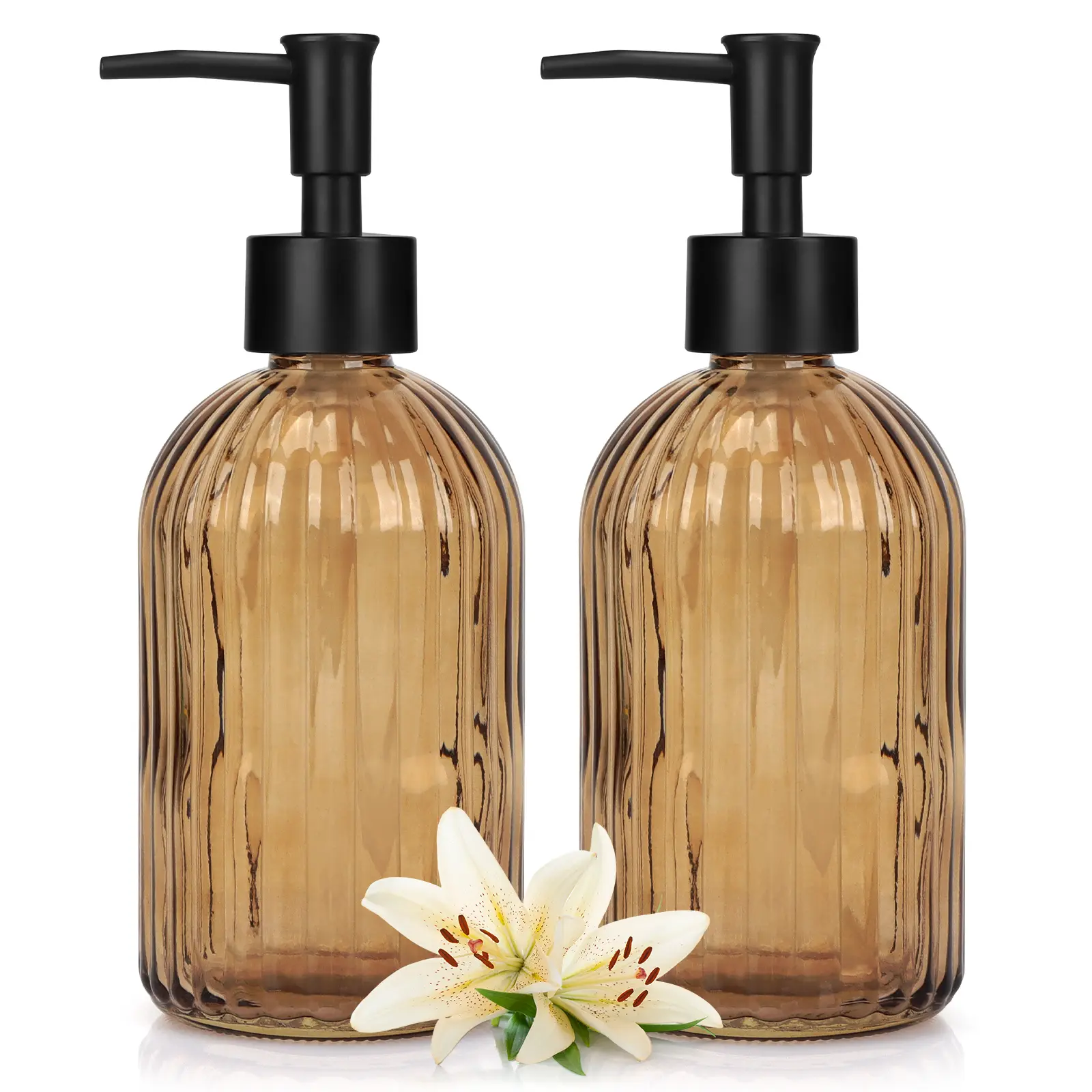 2-Pack 400ml Durable Leak-Proof Glass Soap Dispensers with Black Rustproof Plastic Pumps, 7.6x18.7cm Dark Brown Countertop Kitchen Accessories for Hand Use, Easy to Operate & Clean, 1-Piece Body for Lotions/Essential Oils/Liquid Cleaners, Ideal Gift