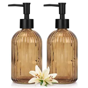 2 Pack Glass Soap Dispenser with Black Plastic Pump, 400ml Liquid Hand Soap Dispenser, Rustproof Pump for Kitchen & Bathroom, Great for Lotions, Essential Oil, Liquid Cleaner Gift Dark Brown, Kitchen Accessories, One-Piece