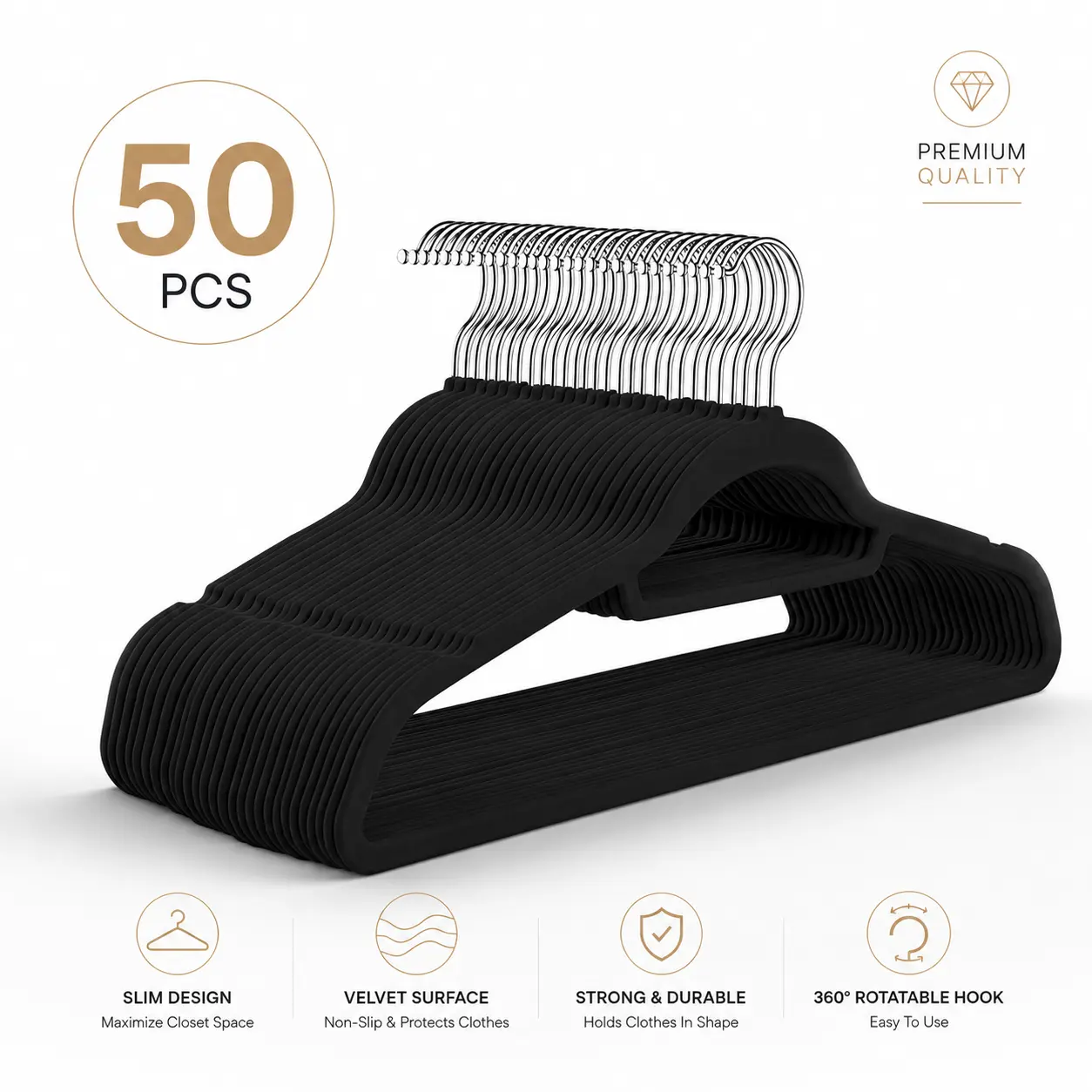 50 PCS Premium Quality Velvet Surface Hangers Slim Design 360 Rotatable Hook Strong Durable Non Slip Protects Clothes