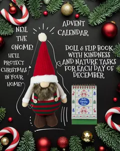 A Gnome for your Home: Neil the Gnome doll with advent calendar flip book, 25 days of kindness and nature related tasks to help count down the days to Christmas. Comes in a gift box ready to give to family or friends.