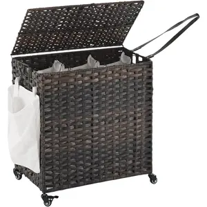 Laundry Hamper with Wheels, 39.6 Gallon(150L) Rolling Laundry Basket with Lid, 3-Section Rattan Clothes Hamper with 3 Removable Liner & 3 Mesh Bags, Laundry Sorter with Side, Brown