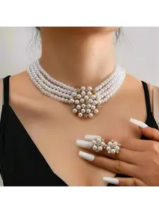 Cross-border Hot-selling Elegant Jewelry Set: European and American Popular Alloy Rhinestone Flower Simulated Pearl Beaded Necklace and Earrings for Women