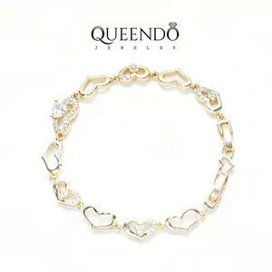 QUEENDO Flat Hollow Heart 5A Zircon Bracelet, Real Gold Plated, Adjustable, For Daily Wear, Vacation & Anniversary