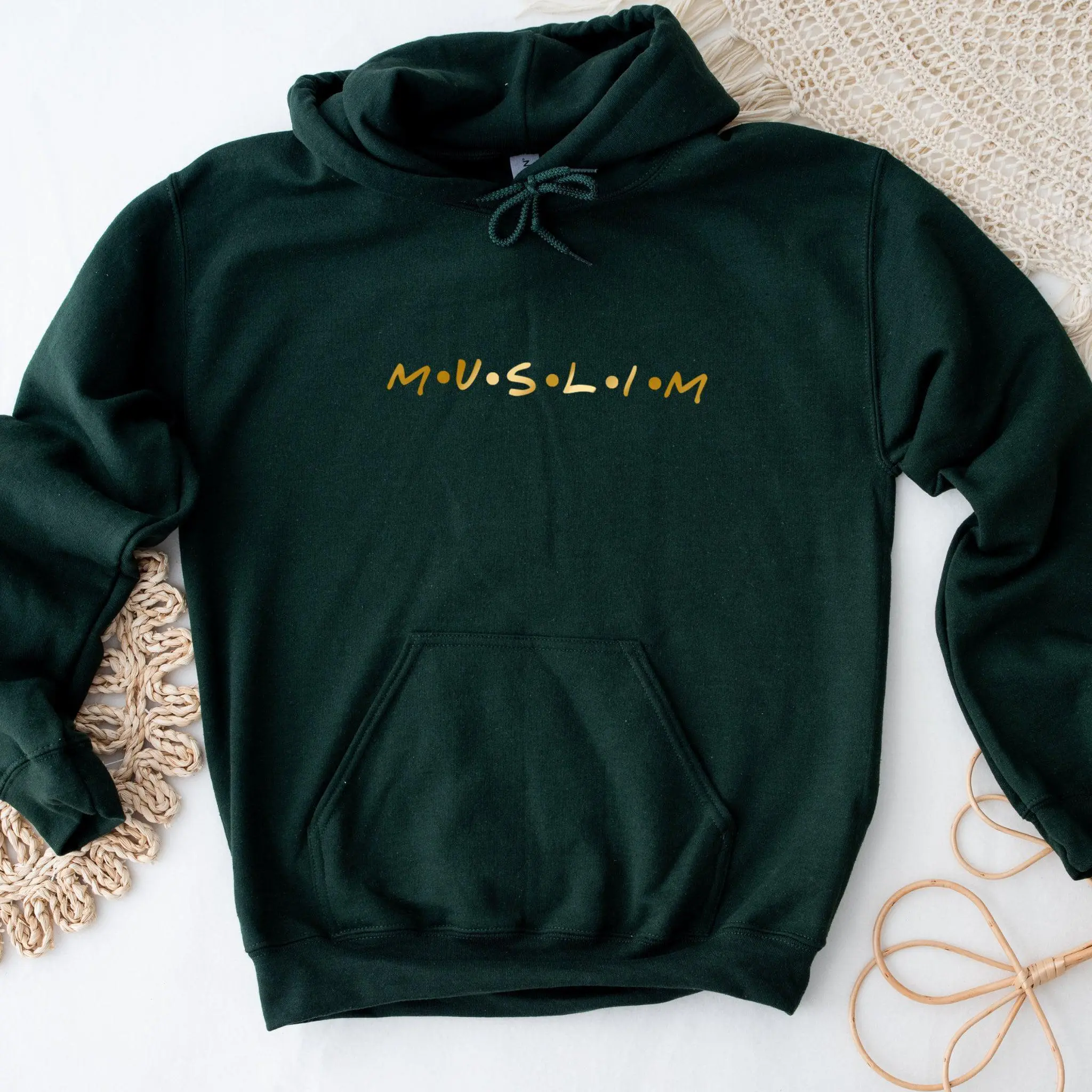 GOLD Muslim Hoodie by Humraha | Desi Arab Muslim Fashion Apparel Gifts for Ramadan Eid Nikkah Wedding Couples Families New Moms Aunts Uncles Grandparents | Pakistan India Bangladesh Palestine Lebanon Egypt Syria