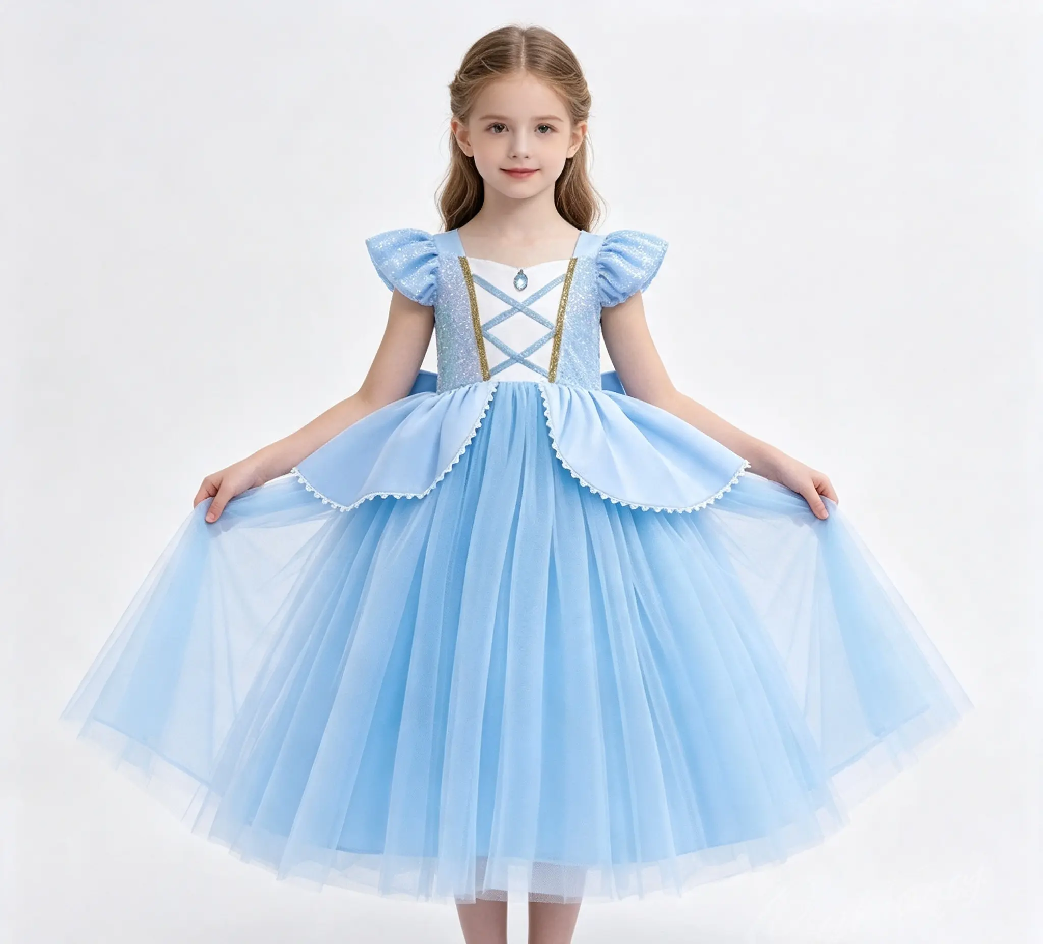 Girls Cinderella Princess Dress, Flutter Sleeve Iridescent Sequin Bodice Tulle Ball Gown with Big Back Bow, Kids Formal Pageant Gown for Birthday Party Halloween Cosplay Stage Performance Wedding Flower Girl Outfit