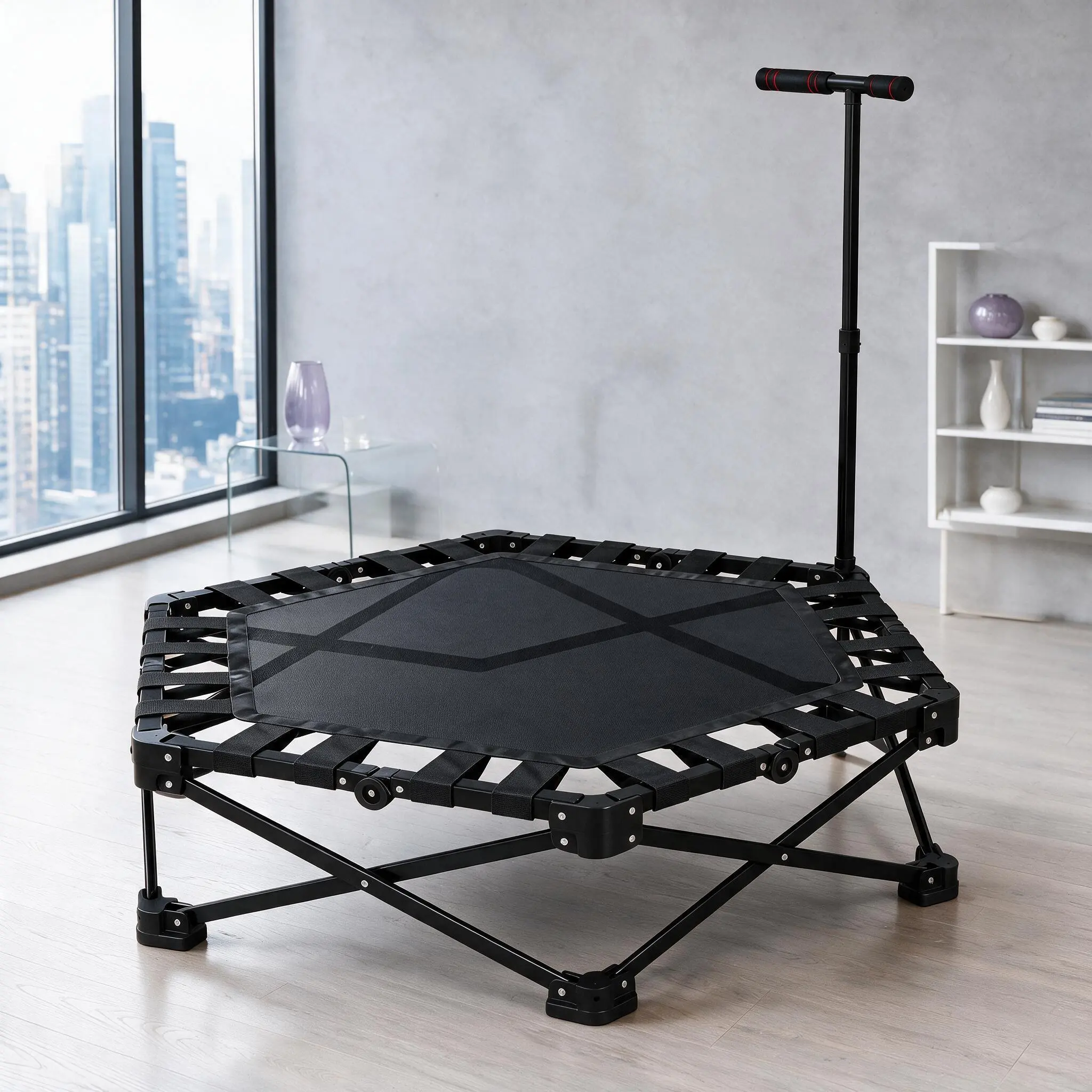 OUTROAD 42 In Light‑Weight Portable Foldable Mini Trampoline Rebounder for Adults - Padded Height‑Adjustable Foam Handrail, Bungee Bounce Trampoline, Compact Home Indoor Gym Gear, Black