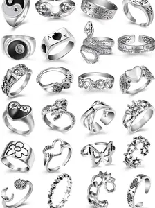 Vintage Silver Open Punk Rings for Men Women, 24PCS Adjustable Rings, Alt Rings, Chunky Silver Rings, Bulky Rings, Hippie Rings ,Cool Gothic Ring,Statement Stacking Ring, Skull Snake Star Flower Heart Eboy Emo Y2K Ring