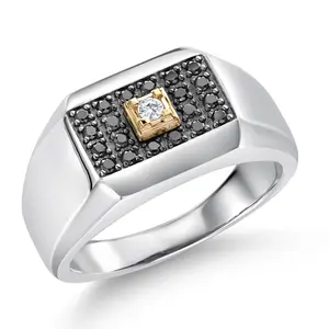 Black Diamond and White Lab Grown Diamond Ring for Men | 925 Sterling Silver and 10K Yellow Gold | 0.29 Cttw