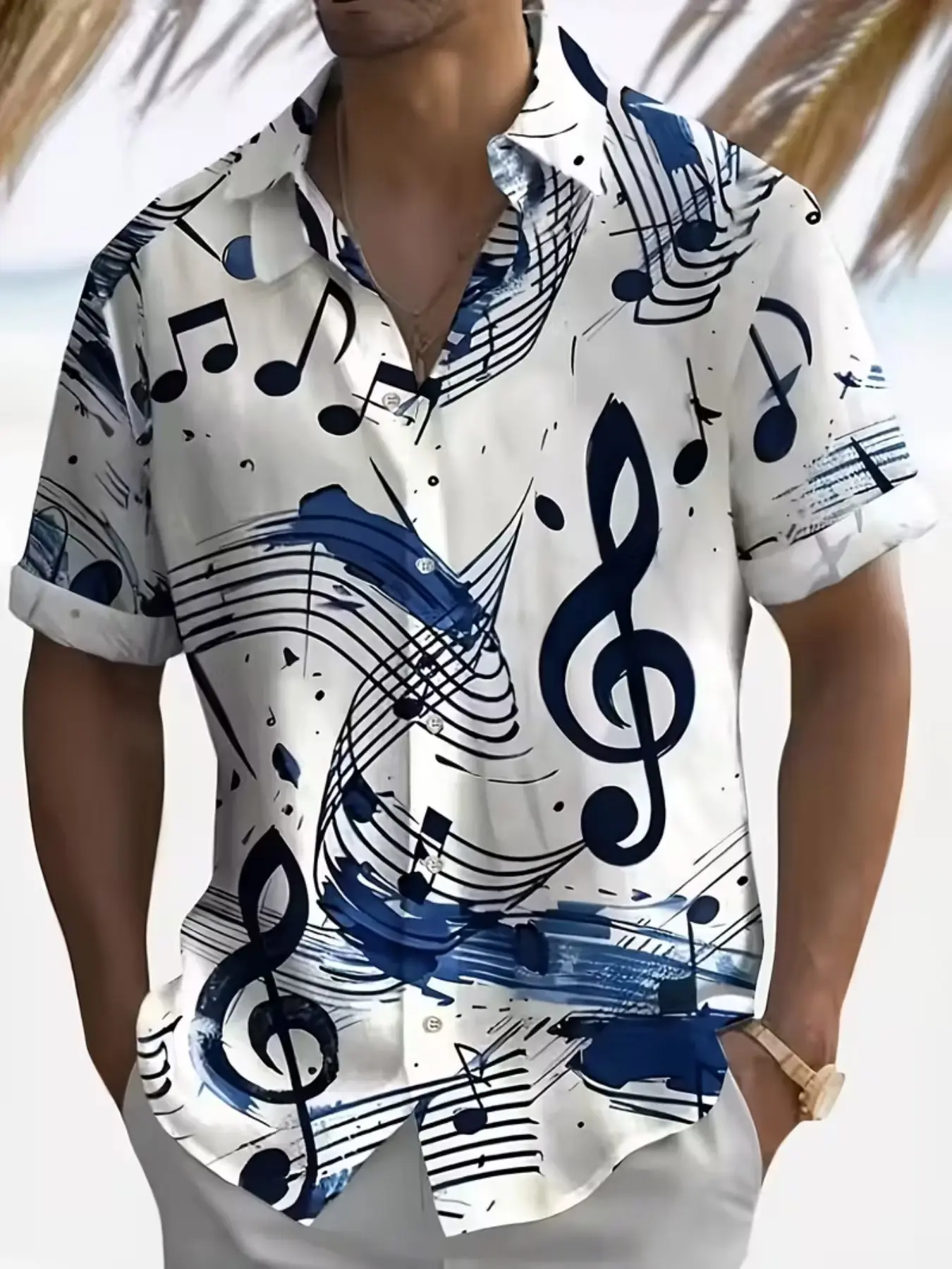 Men's Vibrant Note Print Tropical Hawaiian Polo Shirt, Casual Short Sleeve, Lightweight Polyester, Button Chest Pocket, Perfect for Summer Beach and Vacation Wear, Coastal Shirt