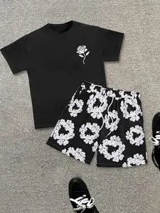 Two-Piece Set Men's Floral Print Tropical Short Sleeve Tee & Drawstring Waist Shorts, Regular Fit Round Neck T-Shirt & Shorts, Casual Summer Clothes Set for Men Tops Shorts Set Menswear Summer Outfits Set