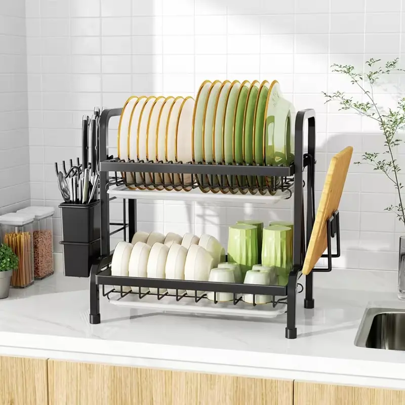 Large 2-Tier Dish Drying Rack with Drainage Tray, Kitchen Countertop Organizer for Plates, Bowls, Cups, Utensils & Cutting Boards, Space-Saving Kitchen Storage Solution foldable