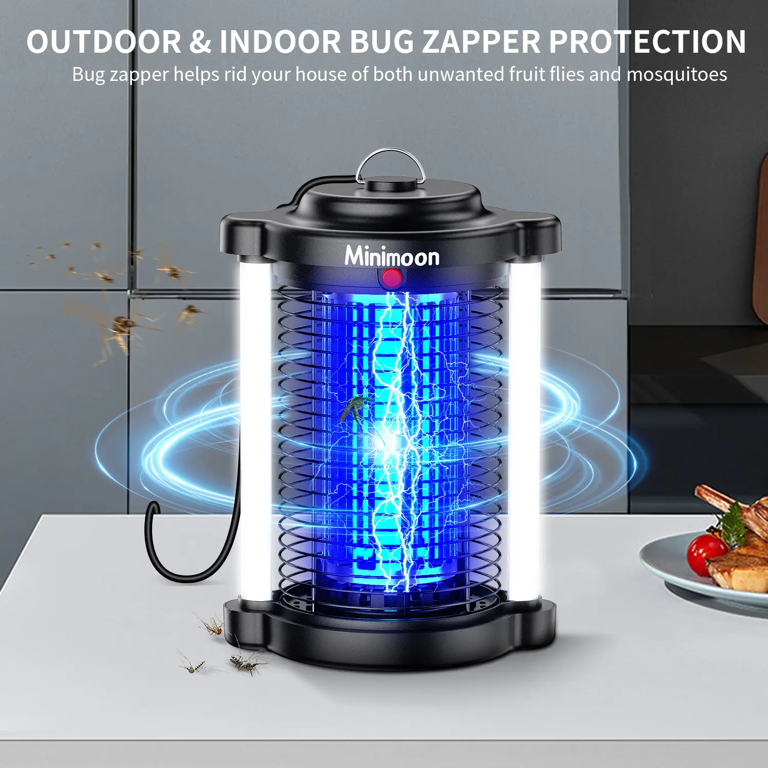 Minimoon Bug Zapper Outdoor, Upgraded Mosquito Zapper with Dual LED Light, 4200V Fly Zapper, 15W Electric Fly Traps Outdoor, IPX4, 8.2Ft Cord, Insect Trap for Yard, Backyard, Patio