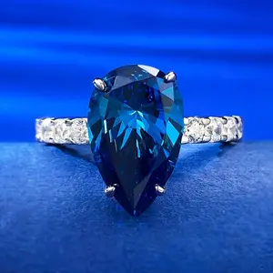 S925 sterling silver blue pear cut ring 9*14mm 8A cubic zirconia fashion jewelry accessory for women girls promise ring