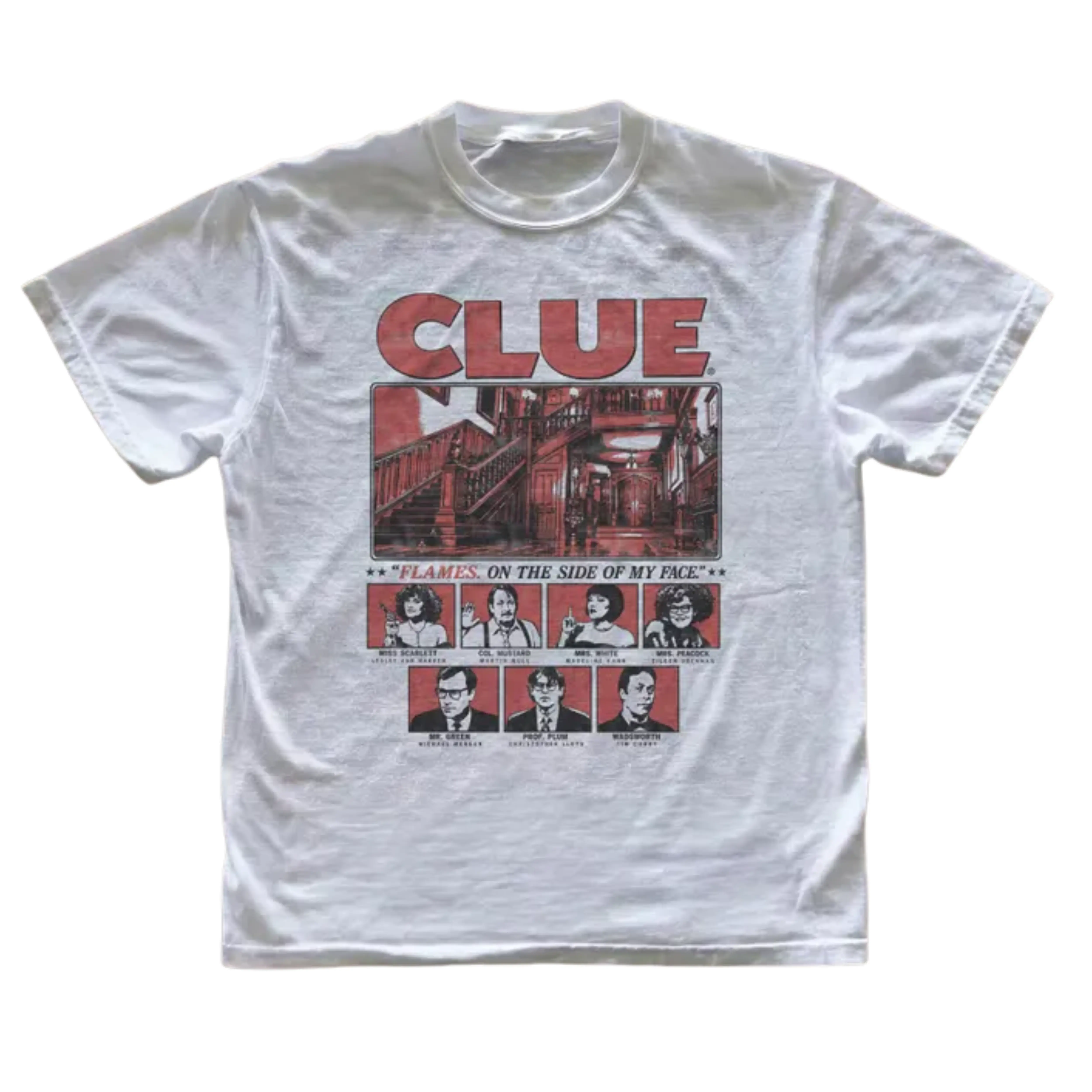 Gildan Men's and Women's T-shirt, Vintage Clue 1985 Mansion Cast Graphic Tee, Madeline Kahn Mrs White Shirt, Flames On The Side Of My Face Quote Top, Tim Curry Merch, Retro 80s Whodunnit Comedy Apparel, Aesthetic Film Tee, Unique Movie Fan Gift