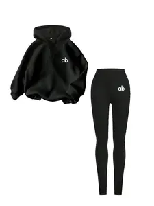 Women's Spring & Fall Half-Zip Hoodie Set, Ab Letter Print Loose Casual Top + Tight Leggings, High-Waisted Yoga Pants, Versatile Daily Wear, Sweatsuit Set Outfit