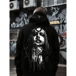 Men's Casual Hooded Sweatshirt Witch Head Graphic, Fall & Winter Comfortable Trendy Long Fitted Pullover, Versatile Autumn Clothing, Gothic Printed Hoodie
