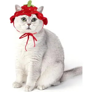 Strawberry Cat Hat Cotton & Soft Cute Knitted Hats for Cats Birthday Party Christmas Puppy Hat for Small Pets (Red, M)
