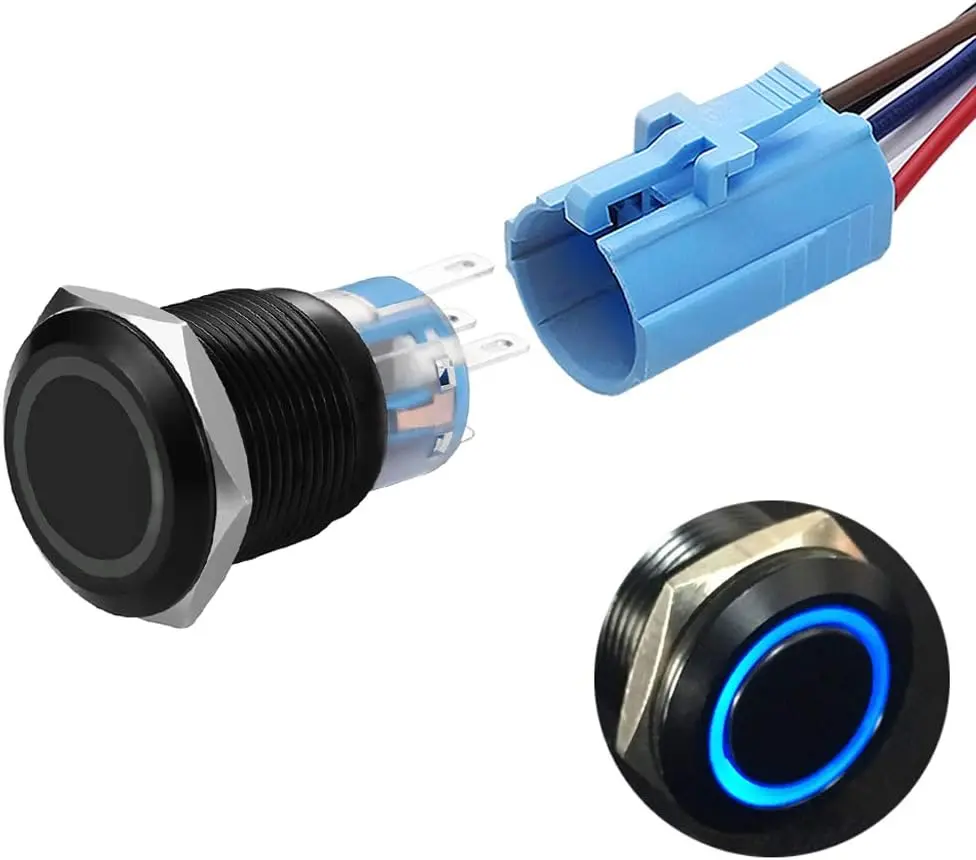 19mm Zinc Alloy Latching Push-Button Switch - SPDT/Off, Black Metal, 12V Separable Blue Ring LED with Wire Plug, Durable Easy-to-Wire Electrical Switch for Lamps & Appliances, 5A/250V AC Rating, Appliance