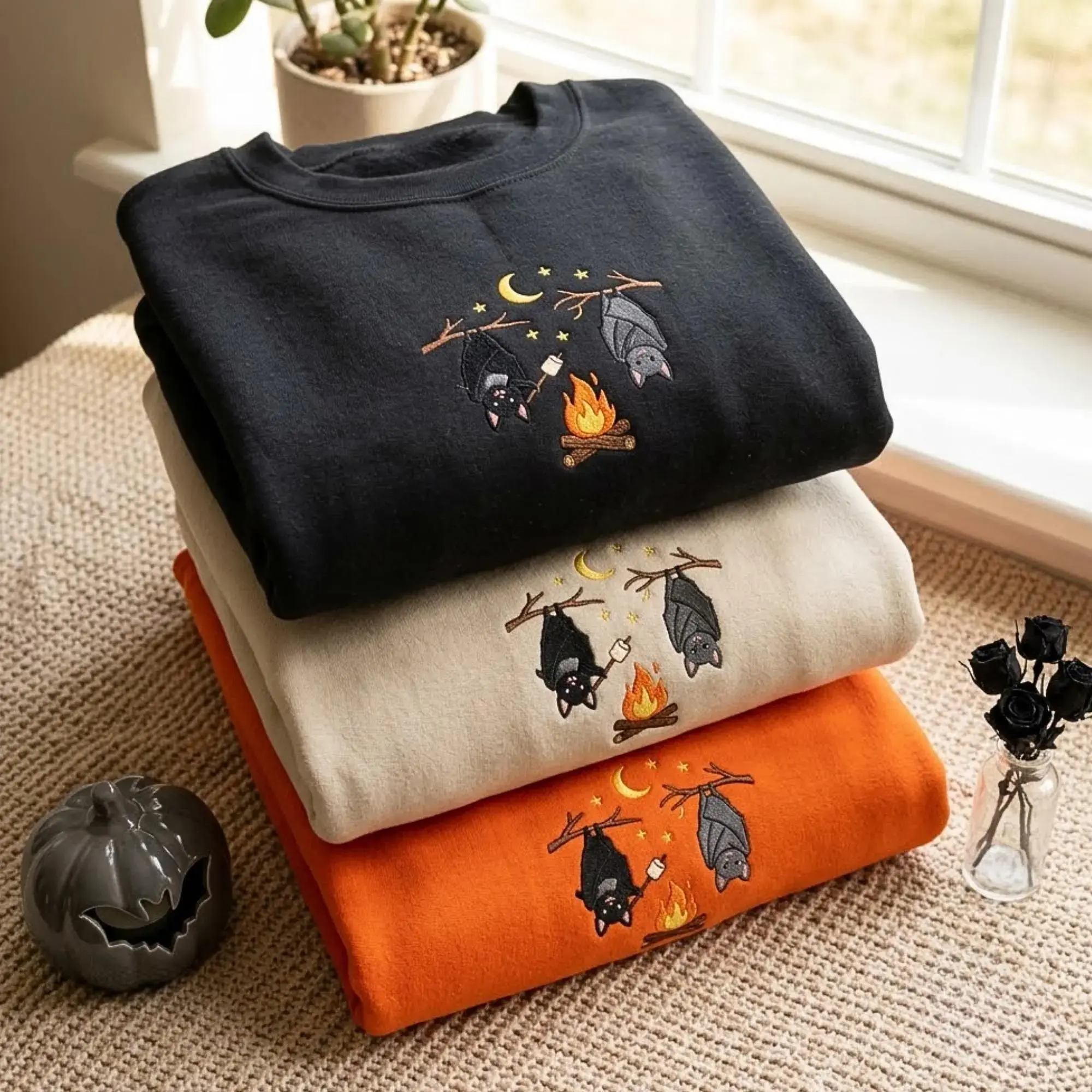 [Made in US] Embroidered Bat Campfire Sweatshirt T Shirt Hoodie Cozy Cotton Blend, Spooky Camping Crewneck Sweater