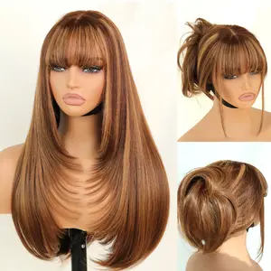 Glueless Straight Layered Wigs with Bangs Wear and Go 6x4 Lace Front Wig ,Pre Style Realistic Look with True Scalp Tiny Knots 220% Density