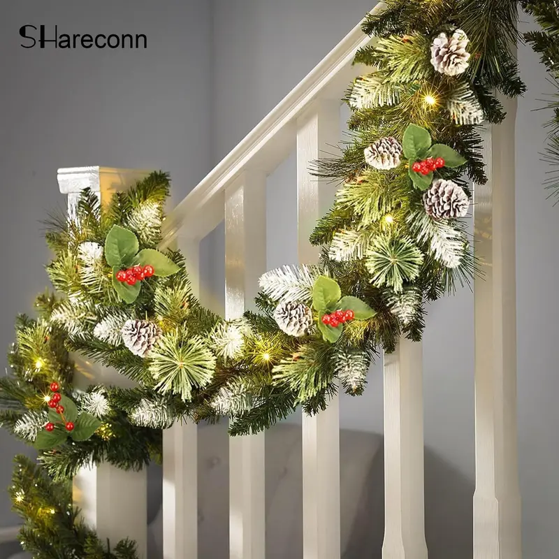 SHareconn 6/9FT Prelit Artificial Christmas Garland with Multicolor String Lights, Timer, Battery-Operated for Mantle, Wall Hanging, Window Frame Decorative Colorful Lighting, Decorative Lights, Color-Cycling Light-Up Wreath