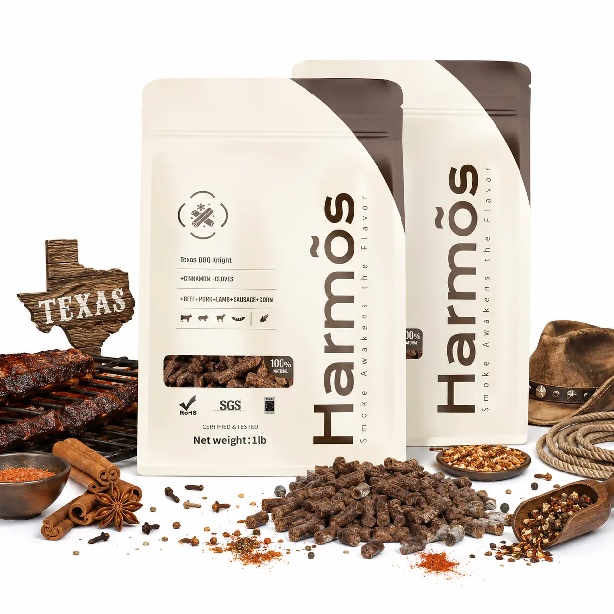 Harmos BBQ Wood Pellets Texas Knight  2-Pack Cinnamon & Cloves Smoker Wooden Pellets for Outdoor Cooking Oak, Hickory, Mesquite More Premium Pellets for Electric Pellet Grills Smokers