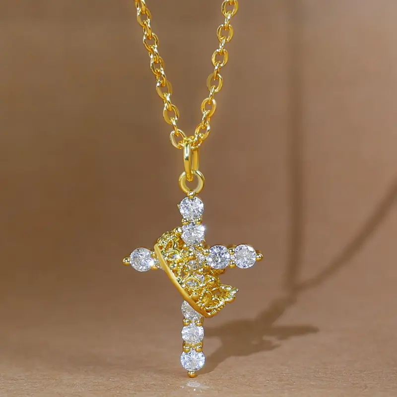 Rhinestone Decorated Cross & Rotatable Crown Pendant Necklace for Women & Girls, Fashion Jewelry for Party, Daily Clothing Decor, Trendy All-match & Exquisite Jewelry for Birthday Gift, Cross Chain