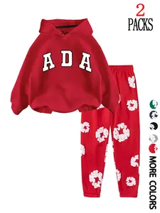 Women's Casual Hooded Sweatshirt Set, Loose-Fit Letter Ada Print, Kangaroo Pocket & Fleece Lined Pants, Summer Fashion