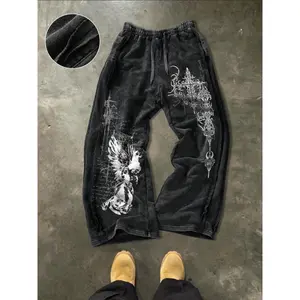 Men's Washed Cotton Sweatpants with Side Stitching, Gothic Pattern, Comfortable Casual Pants for Daily Wear