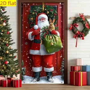 1pc festive Christmas background cloth door panel decoration, polyester material, Santa Claus holding gifts, bunny design, suitable for holiday decoration - Christmas decoration, party decoration, courtyard, living room garden decoration, Home Ornament