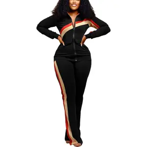 2 Piece Outfits for Women Long Sleeve Striped Zipup Jacket Wide Leg Long Pant Retro Tracksuit Sport Set Wine Red