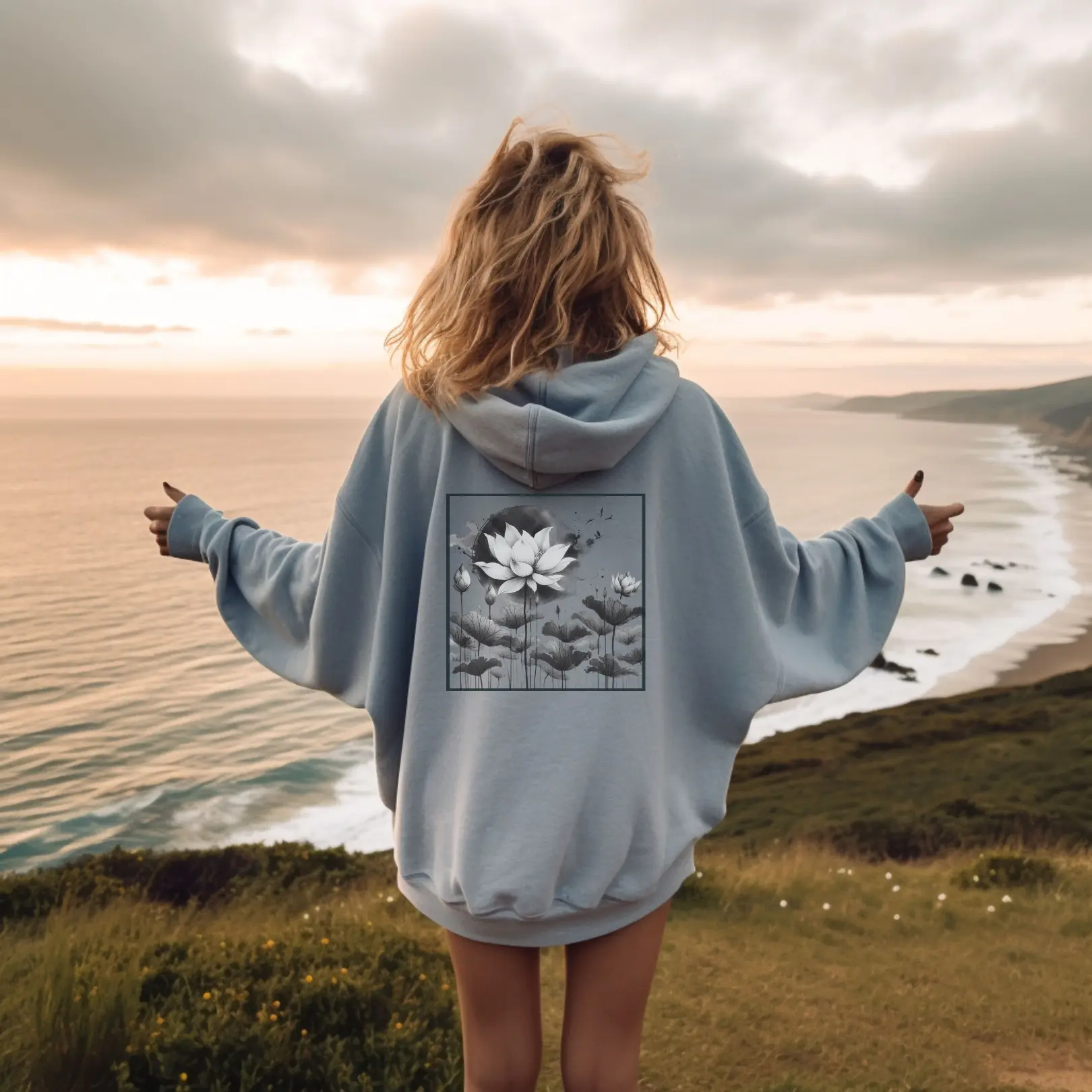 Lotus Blossom Hoodie - Japanese Kanji & Paint Brush Design, Back Lotus Flower Accent, 100% Ethically Grown U.S. Cotton tuff hoodie