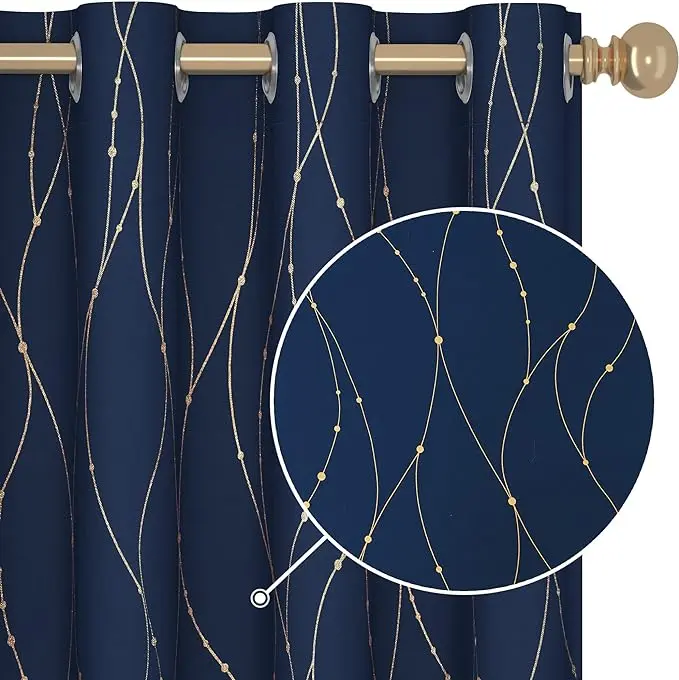 Deconovo Blackout Curtains for Windows (2 Panels, Gold Wave Line & Dot Print) - Thermal Insulated, Soundproof, Sparkling Navy Blue Drapes for Living Room, Bedroom, Curtain For Windows