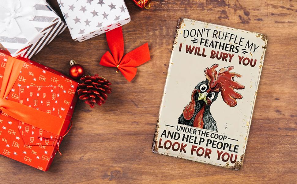 Funny Chicken Sign Don't Ruffle My Feathers, Gift for Chicken Lovers, Farmhouse Wall Decor for Home Coop Garden 8 x 12 Inch