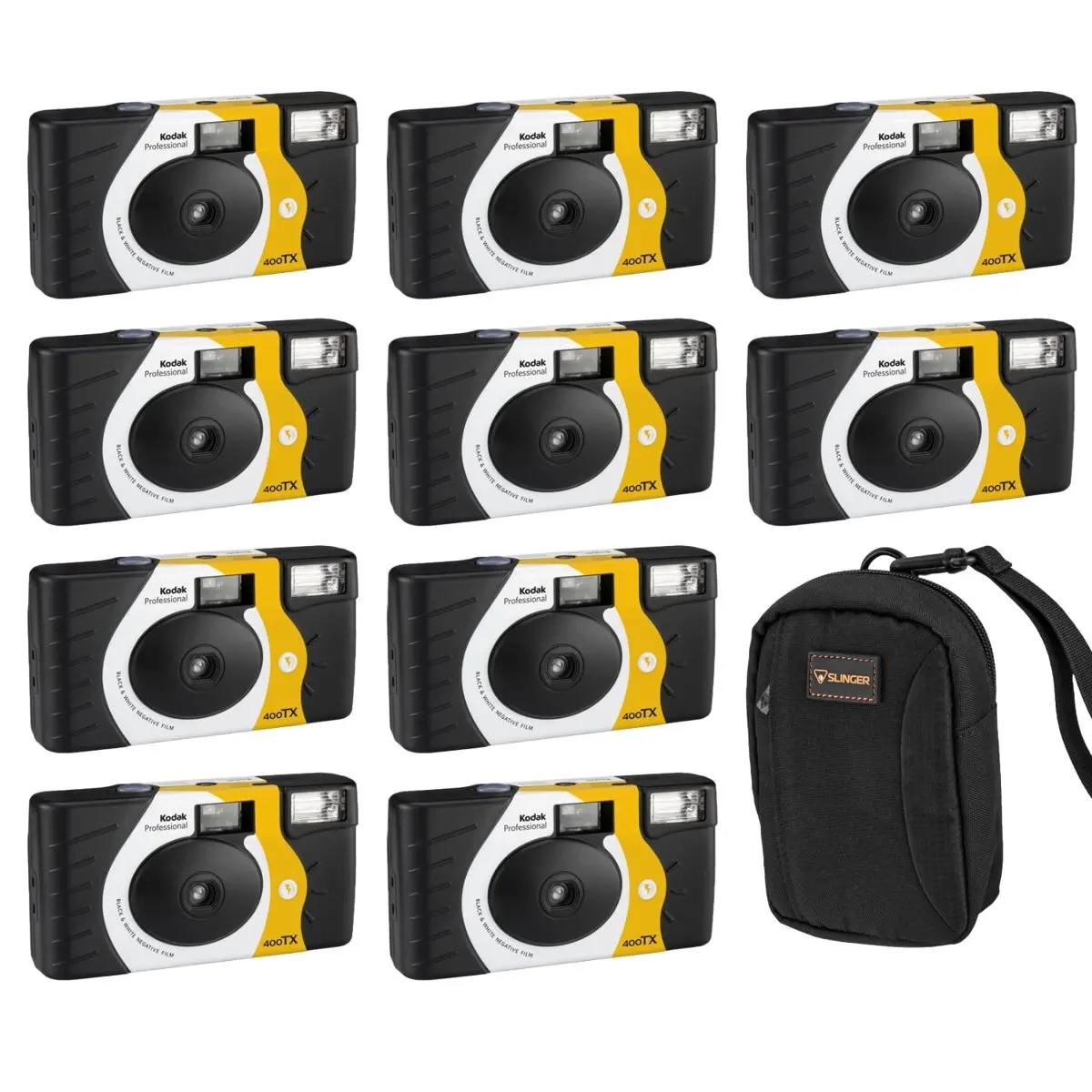 Kodak Professional Tri-X 400 Vintage Disposable Handheld Black and White Negative Film Camera, 27 Exposures, 10-Pack With Slinger Brand Camera Bag, Disposable Film Cameras