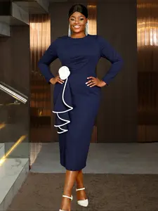 Elegant Plus Size Women's Dress, Long Sleeve Split Design, Floral Trim, Slim Fit Commuter Wear, Stylish and Comfortable