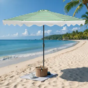 CAODOC 10FT Cabana Style Patio Umbrella, Green White Striped Scalloped Market Umbrella with Push Button Tilt, Smooth Crank & Air Vent for Beach, Poolside & Backyard