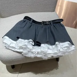 Sweet Lace Plaid Tiered Mini Skirt – High Waist Puffy A-Line Cake Skirt for Women Summer