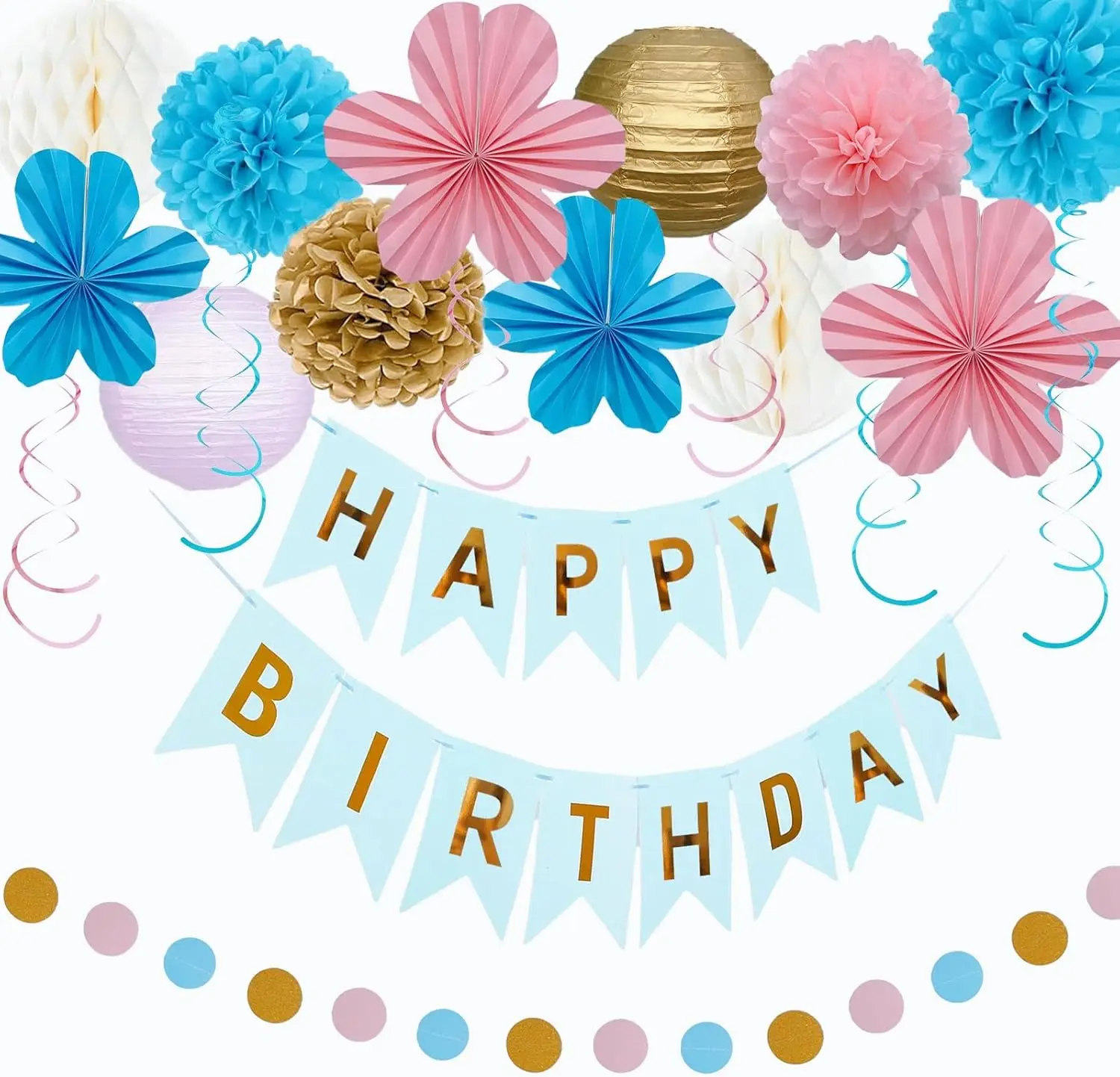 Birthday Party Decorations Kit Blue Pink & , Happy Birthday Banner Garland Paper Pompoms, Flower Fans, Honeycom Ball , Lantern, Hanging Swirls, 20 count