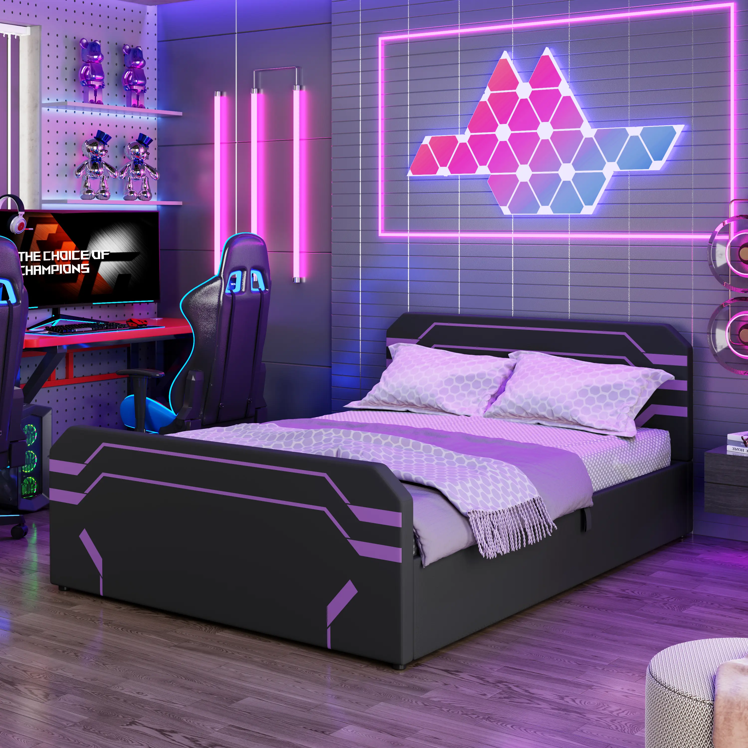 Queen Size Cyberpunk Gaming Platform Bed Frame - Hydraulic Lift Side Storage, Futuristic Pattern Upholstered, 660 LBS Capacity, No Box Spring Needed, Black+Purple/Gray/Red for Gen Z Gamers' Bedrooms, 115.22 Lbs, 85.4" (L) × 62.6" (W) × 34.8" (H), Immersiv