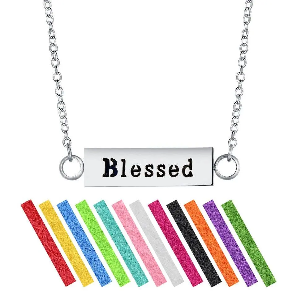 "Blessed" Engraved Bar Diffuser Necklace - Stainless Steel Jewelry, Hypoallergenic Long Aromatherapy Pendant with Solid Back, 24in Chain Jewelry Necklaces & 12 Vibrant Pads, Diffuser Bar Necklace