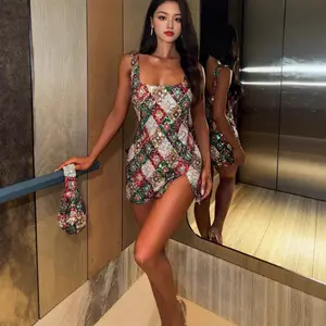 European and American Spring/Summer Fashion New Cross-Border Colorful Diamond Pattern Sequin Slit Bodycon Sexy Dress Wholesale