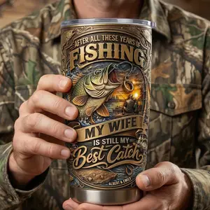 Best Fishing Couple 2D Printed 3D Effect Tumbler Personalized Gift For Couple Fishing Lovers Design Cup, Custom Name Required, Leave Name in Order Notes at Checkout, Insulated Stainless Steel Travel Mug