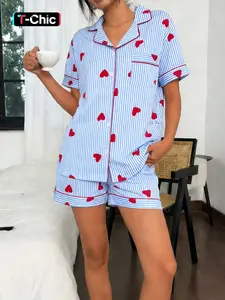 2-piece Valentine's Day women's blue background striped red heart print pattern short sleeved shorts with collar design, small pocket button closure elastic waistband home daily casual sleepwear Loungewear Pajama Set, Pjs Womenswear