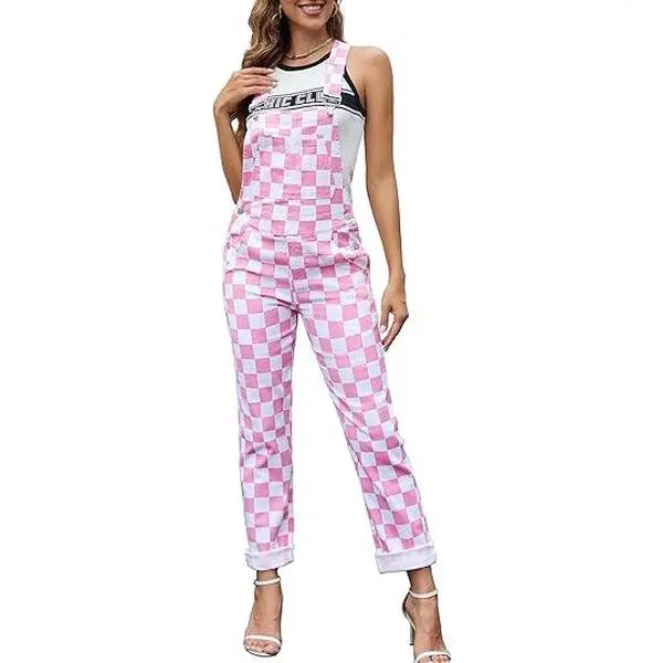 ODEFOU Women's Bib Overalls Pants - Checkered (Pink Plaid) Square Neck, Breathable Stretch Denim Fabric, Adjustable Button Straps, Pockets (Ideal for Birthday Occasions), Adjustable Straps, Thick, Casual, Full Length, Pink Gifts For Daughter, Sleeveless