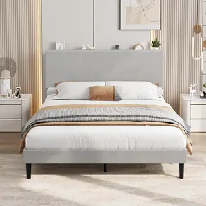 Full Size Bed Frame with USB Charging Station, Corduroy Upholstered Platform Bed Frame with Adjustable Storage Headboard, Wooden Slats Support, No Box Spring Needed, Easy Assembly, Gray