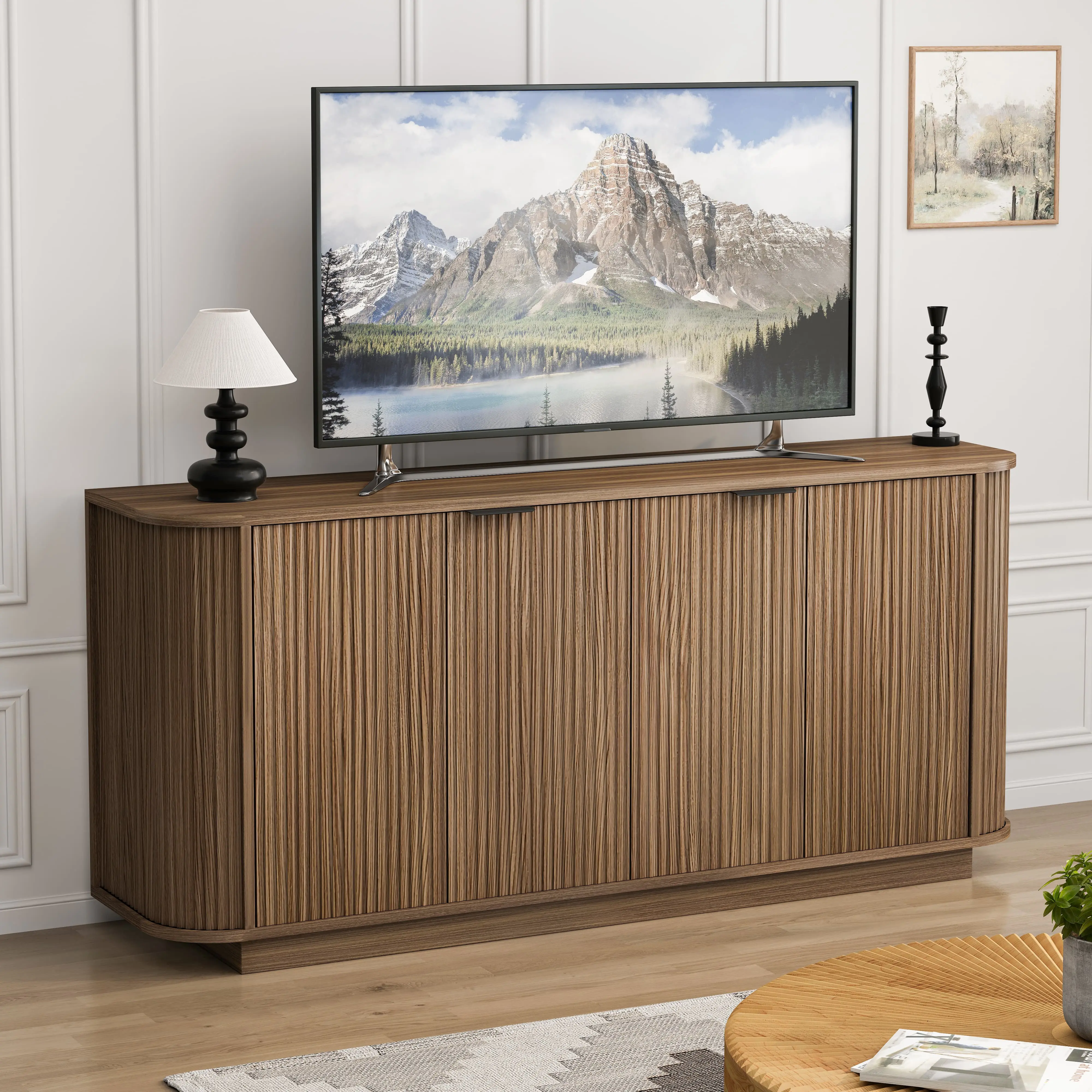 Spaco 63" Wavy Front Sideboard – Double-Door Buffet Cabinet with Adjustable Shelves, Brown Modern Farmhouse Storage Credenza for Kitchen, Living Room & Hallway