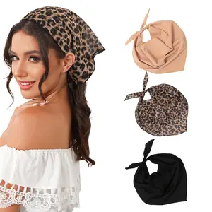 3pack Leopard Print Hair Bandanas Headbands Chiffon Solid Color Head Kerchief for Women Girls Bohemian Hair Scarf Headband Bandana Triangular Bandage