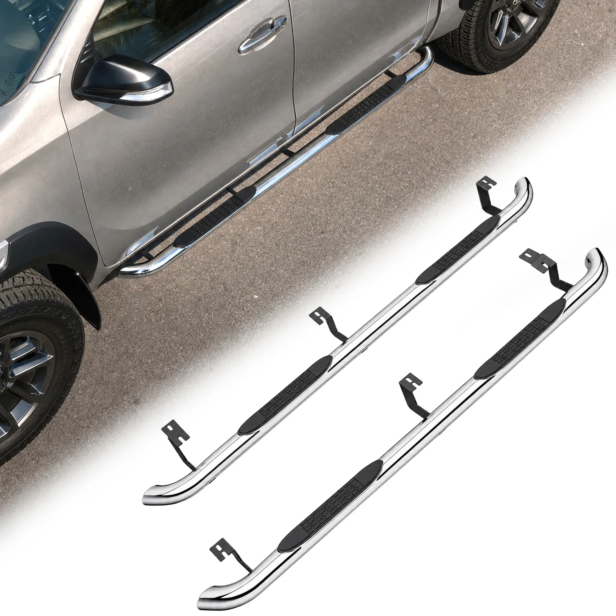 Oval Straight Side Steps for Toyota Tacoma 2005-2023 Crew Cab/Double Cab, 4 Inch Wide, Stainless Steel Chrome, 400 lb Capacity, Anti-Slip Running Boards