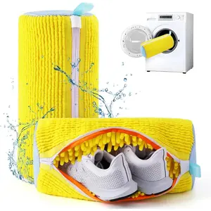 Shoe Washing Machine Bag Polyester Laundry Bag with Invisible Side Zipper 360° Cleaning Shoe Organizer for Sneakers Trainers Delicates Toys, for Washer Dryer Use Yellow